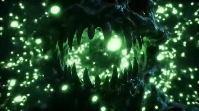 Monster's jagged teeth glow ominously amidst a swirling cloud of bioluminescent particles in the dark depths of an alien cave, creating a terrifying and surreal spectacle.