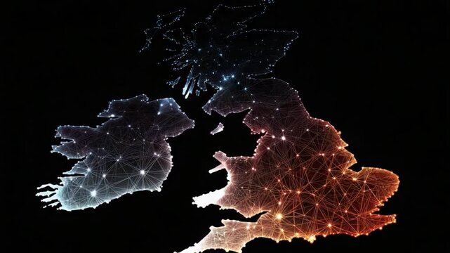Abstract Visualization of the United Kingdom and Ireland with a Network of Interconnected Nodes Representing Digital Connectivity and Data Flow
