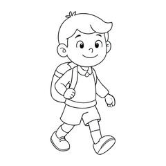 A cheerful coloring page showing a happy kid walking to school with a backpack, smiling under the sunny sky, ready for a fun day of learning and friendship.
