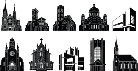 Collection of church and cathedral silhouette vector illustration set featuring gothic, modern, and classical religious architecture design elements for urban cityscape artwork