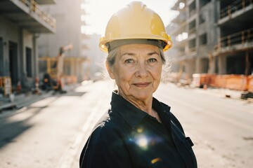 Confident Woman Construction Worker in Yellow Hard Hat on a Busy Building Site