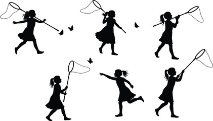 Obraz premium Silhouette girl catching butterflies, playful outdoor activity with net, childhood moment, ponytail dress figure, insect chase, nature interaction, white background illustration
