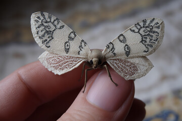 
"A moth with lace-patterned wings on a lacemaker’s finger, vintage Victorian parlor setting 