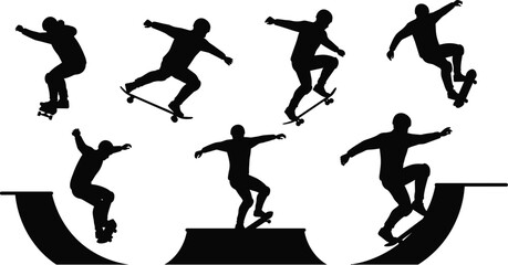 Skateboarding silhouette illustration, extreme sports tricks, ramp stunts, urban youth culture, dynamic poses, black vector icons, freestyle skateboarding for design and marketing