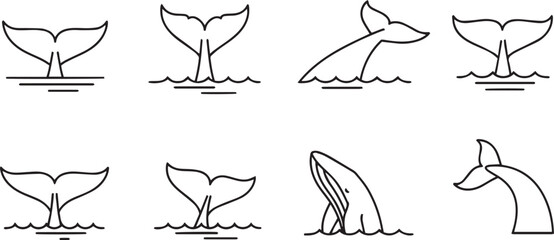 Whale Tail Line Art Icon Set Ocean Marine Animal Minimal Illustration