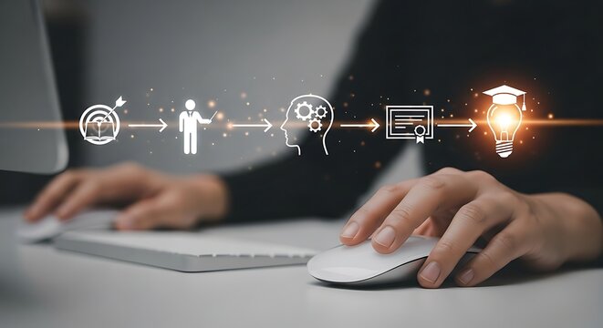 Path to Knowledge: Person Navigating Learning Icons on Computer, Achieving Education with Idea and Certificate, Reaching Goal.