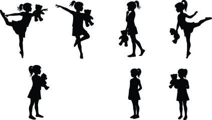 Girl silhouette holding teddy bear, emotional poses, childhood innocence, dance movement, black vector illustration, expressive child gesture, stock image for design