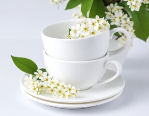 White teacups and flowers on a light background