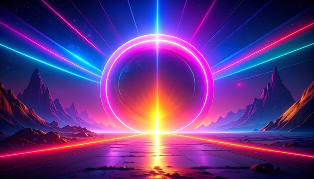 Vibrant, neon landscape with portal