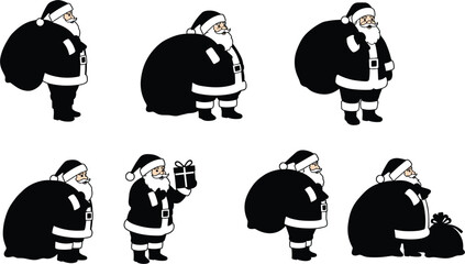 Santa Claus cartoon character set, Christmas gift delivery poses, festive holiday illustration, Santa with sack, seasonal celebration, cheerful winter artwork