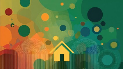 A stylized yellow house sits amidst an abstract landscape of overlapping circles and radiating lines in varying shades of green, orange, and blue, creating a whimsical, almost dreamlike atmosphere