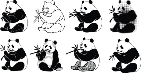 Collection of panda silhouette vector illustration set featuring cute pandas eating bamboo, wildlife animal art for zoo, nature, and conservation themed designs © Hello there