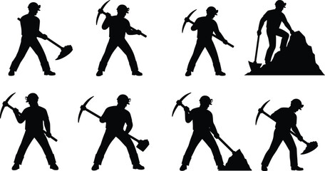 Mining silhouettes, workers with tools, pickaxe, shovel, helmet, underground labor, black illustration, industrial job, hazardous work, vector graphic, miner poses