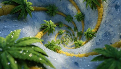 A swirling, psychedelic vortex of yellow tubes and lush green palm trees, set against a textured blue-grey background with water droplets.  The perspective creates a sense of depth and endlessness