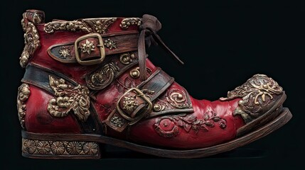 Obraz premium Ornate Red Vintage Leather Boot with Gold Decorative Elements and Buckles on Black Background
