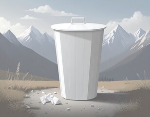 White trash can amidst mountain scenery