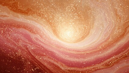 Fototapeta premium A swirling vortex of warm, peachy-orange and rose hues, interspersed with glittering gold particles, evokes a celestial or ethereal feeling, radiating from a luminous center