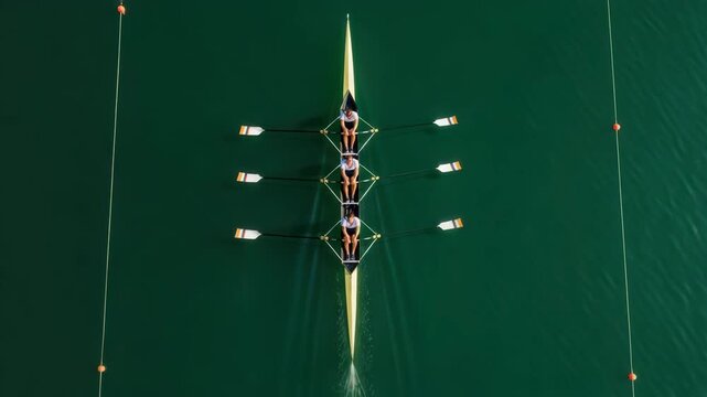 Aerial view of a rowing team in a scull boat gliding through the water, showcasing teamwork, precision, and the beauty of water sports in a competitive setting ai generated vedio