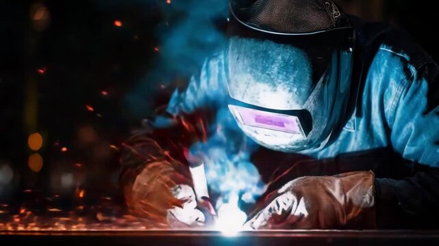 A skilled welder in action, meticulously working on metal fabrication, surrounded by dazzling sparks and bright arcs of light, showcasing precision and craftsmanship in welding.