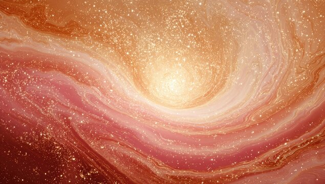 A swirling vortex of warm, peachy-orange and rose hues, interspersed with glittering gold particles, evokes a celestial or ethereal feeling, radiating from a luminous center