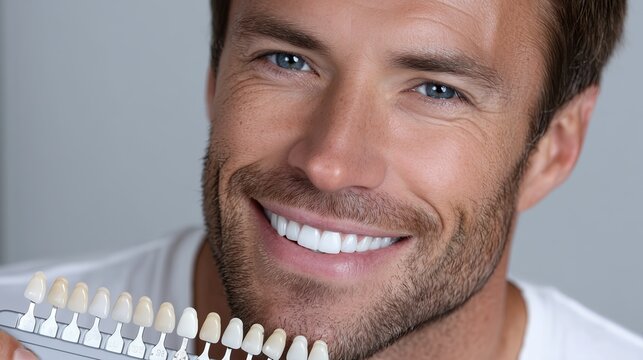 Man showcasing bright smile while holding tooth shade guide in clinic - Powered by Adobe