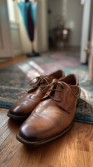 Stylish leather dress shoes on hardwood floor, perfect for men's fashion, professional attire, or classic style, showcasing quality craftsmanship and timeless appeal