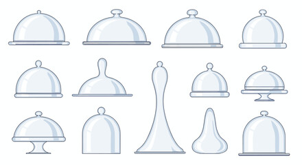 A collection of various clear glass food cloches with different bases for serving and protecting dishes.