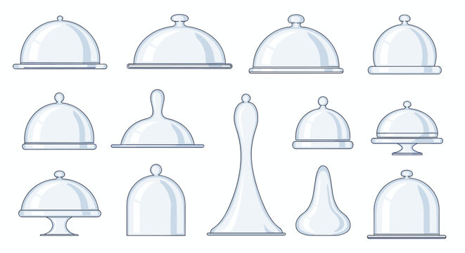 A collection of various clear glass food cloches with different bases for serving and protecting dishes.