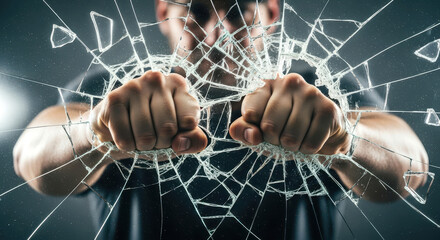 Man's Fists Breaking Shattered Glass, Representing Breakthrough and Power