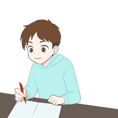 ノートに書き込み集中して勉強する男の子