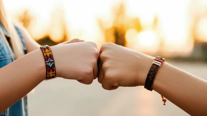 Two people with different bracelets fist bumping at sunset - Powered by Adobe