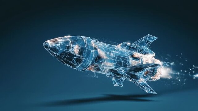 Low poly spaceship outline emitting orange glow in flight on a blue background