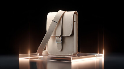 Elegant beige leather crossbody bag on illuminated display, a modern accessory for style and convenience, perfect for everyday essentials and fashion trends