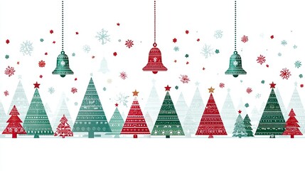 Christmas trees bells snowflakes winter holiday festive decoration red green celebration design joy season art