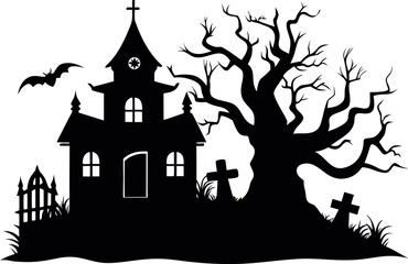 Old Haunted House with Twisted Trees and Creepy Atmosphere