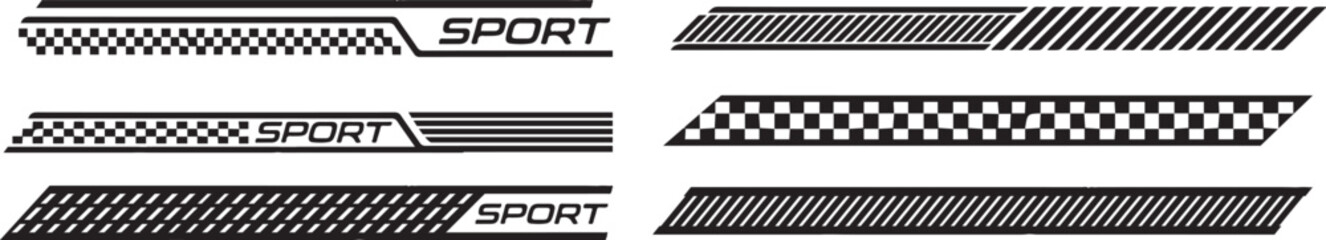 racing stripe vector set, race car vector, checkered flag designs, racing stripe speed, decal patterns, dynamic lines, competition, automotive graphics, black and white finish line motorsport.