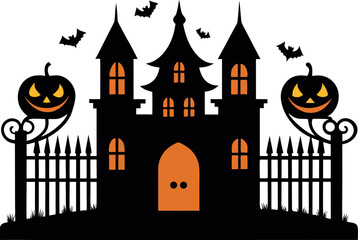 Spooky Haunted Mansion with Iron Gate and Jack-o&rsquo;-Lanterns