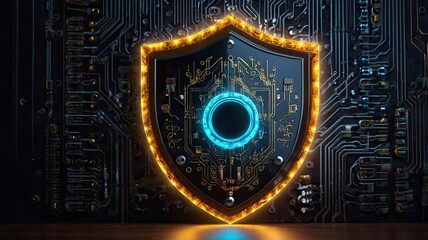 Dynamic digital shield symbolizing cybersecurity and advanced network protection glowing with futuristic energy against a complex circuit board backdrop, representing secure data and system integrity.