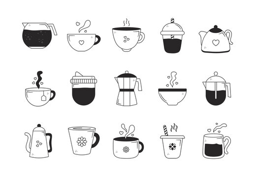 Black And White Coffee Tea Cups Hot Drinks Icons Set