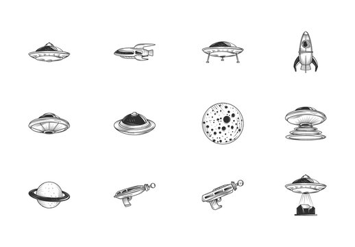Black And White Alien UFO Spaceship Sketch Icons Set