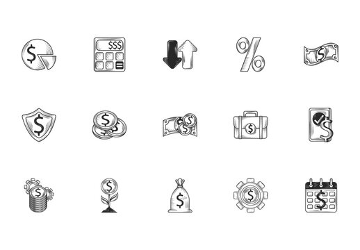 Black And White Finance Money Savings Business Sketch Icons Set