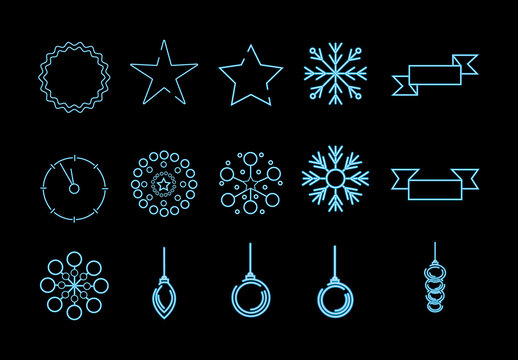 Blue Christmas Neon Holiday Decorative Line Icons Set