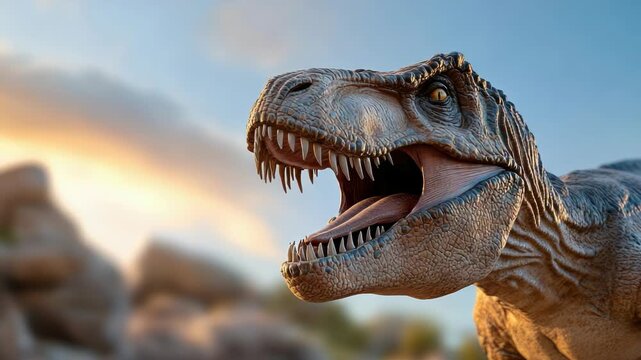Photorealistic rendering of a Tyrannosaurus Rex roaring with its mouth wide open, tongue out, sharp teeth visible, standing on a rocky terrain with a blurred sunset in the background