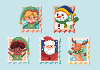 Colorful Merry Christmas Characters Stamp Illustrations Set