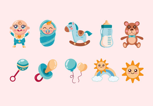 Cute Baby Toy Cartoon Illustration Set