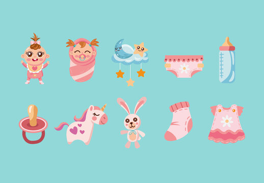 Colorful Baby Girl Toys Nursery Cute Illustrations Set