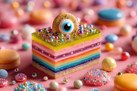 Whimsical rainbow layered dessert with colorful confections and decorative toppings