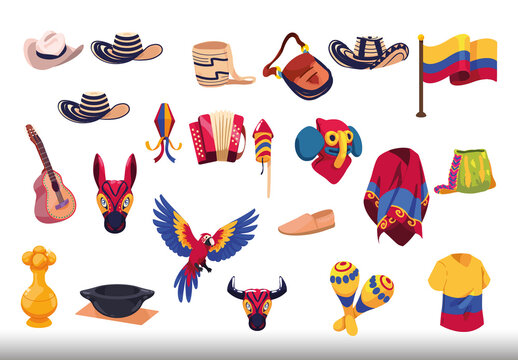 Colorful Colombian Culture Traditional Folklore Illustrations Set