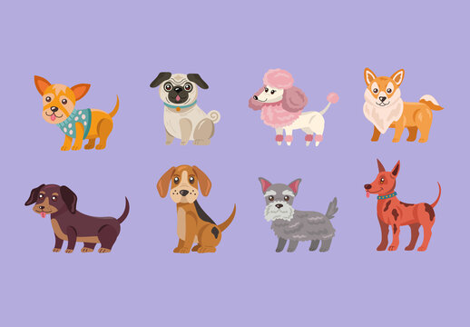 Colorful Cute Dog Puppy Pet Animal Illustrations Set
