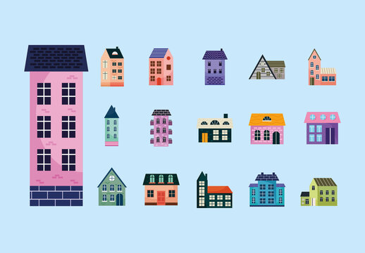 Colorful House Building Architecture Urban Illustrations Set